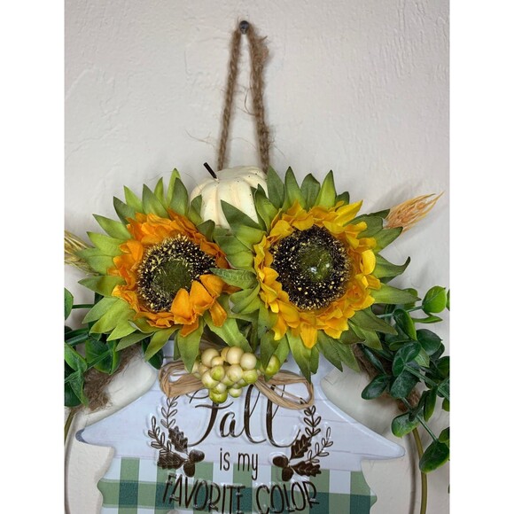11" Fall Wreath with Sunflowers and Eucalyptus on Gold Wire Ring - Picture 6 of 7